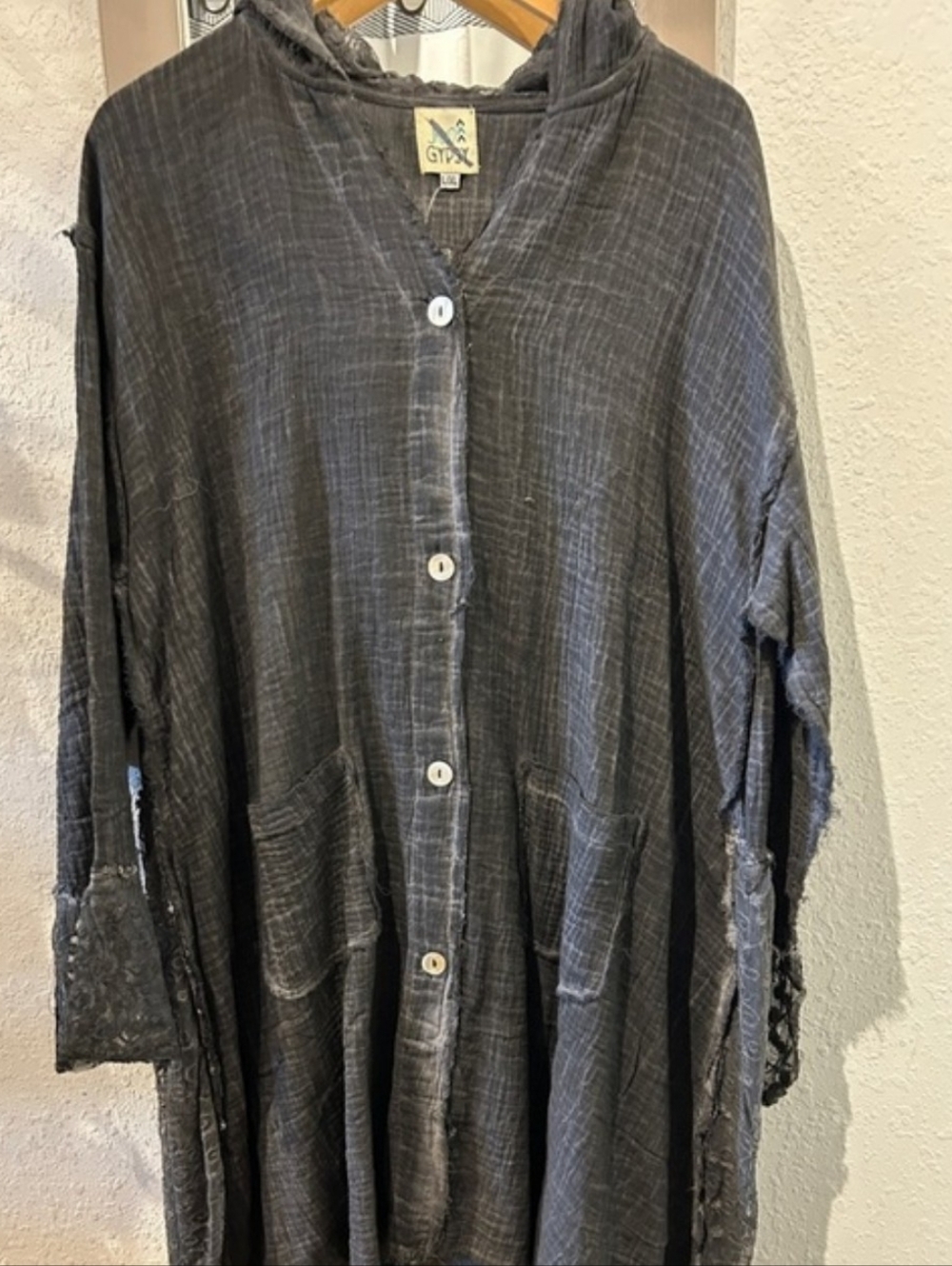 Jaded Gypsy Elysia Weekend Raw-Edge Hoodie Button Front - Charcoal Gray.